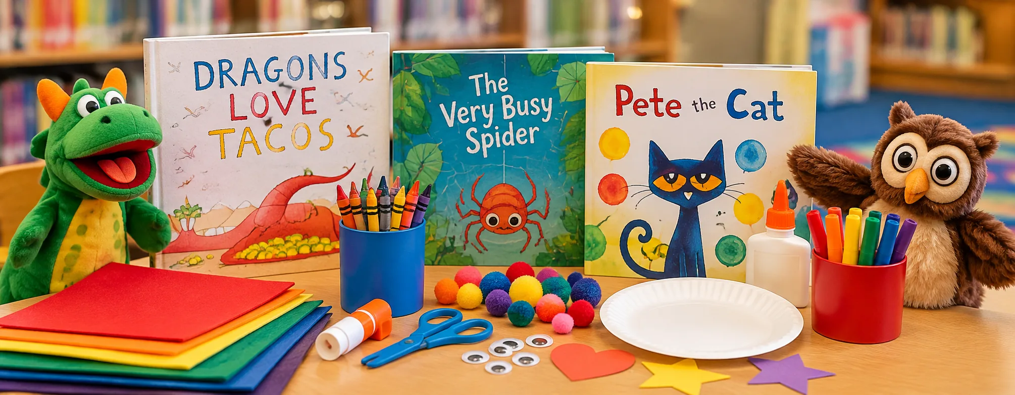 Children's picture books, colorful craft supplies, and puppets arranged for Story Hour.